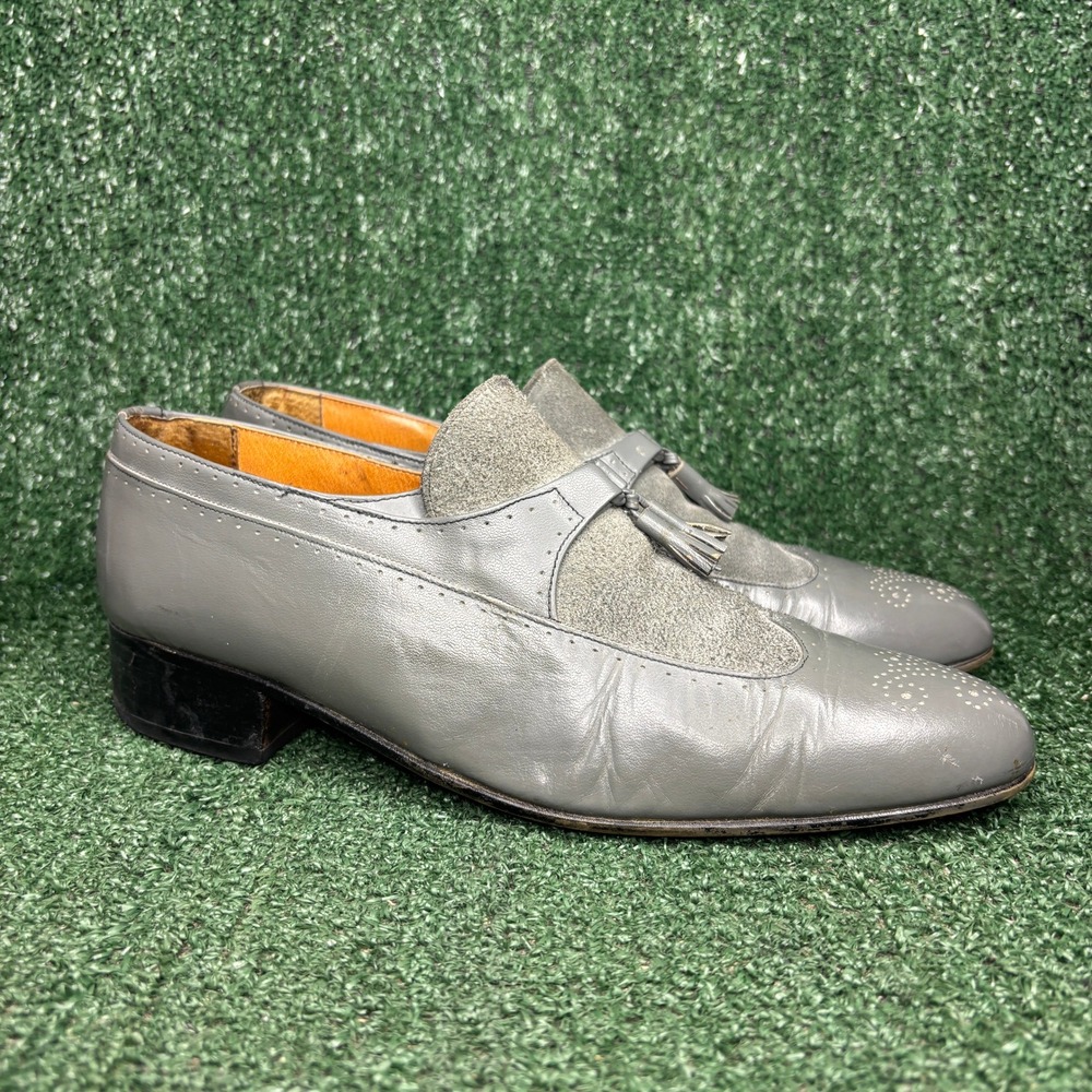 Vintage Tassel Wingtip Suede Leather Preppy Loafer Dress Shoe Grey Mens Sz 10 M
